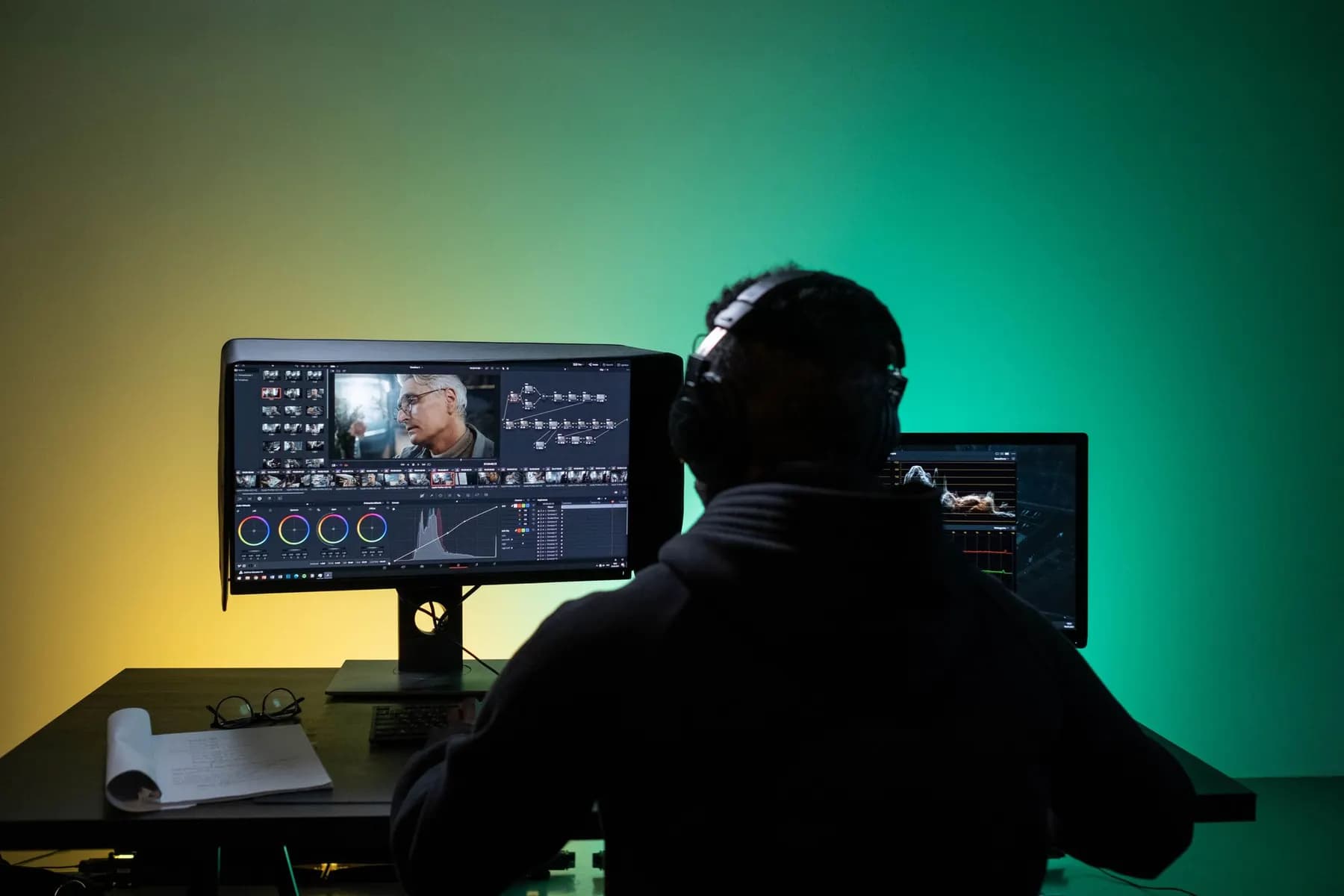 A video editor colour-grading footage on two monitors